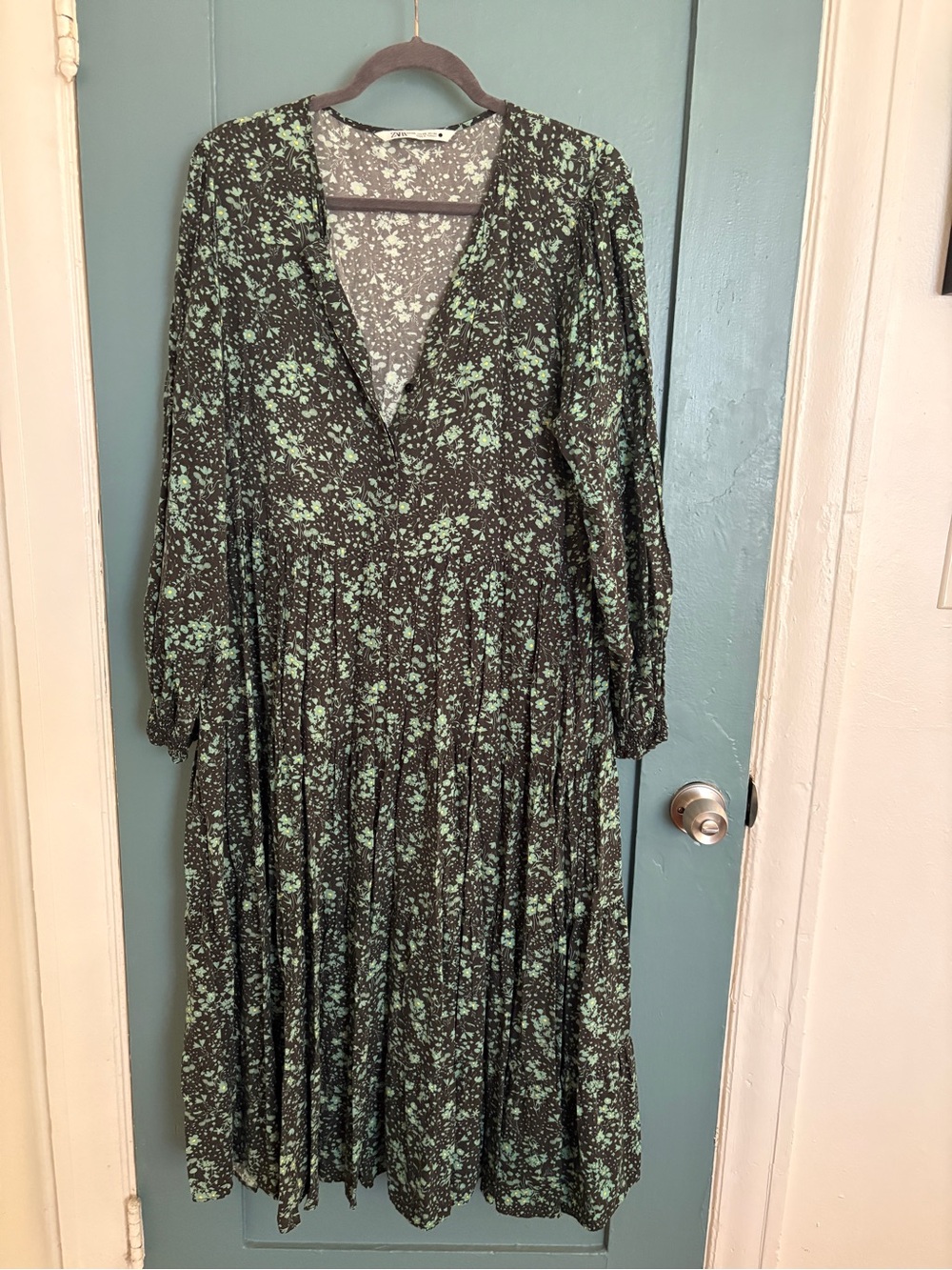 Zara Black Dress with Mint Floral Print, Long Sleeve V-Neck